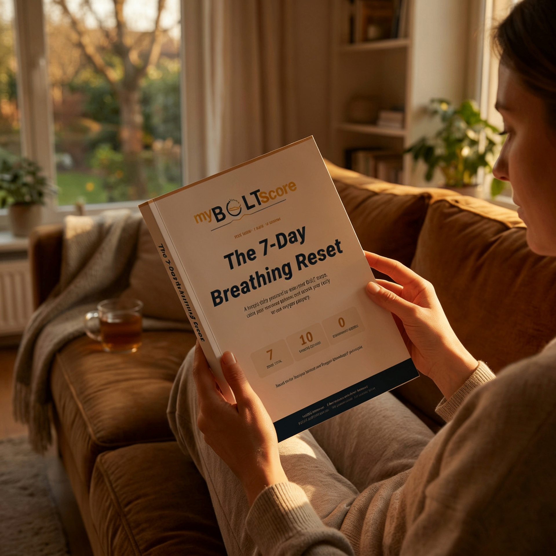 Person reading The 7-Day Breathing Reset guide on a sofa