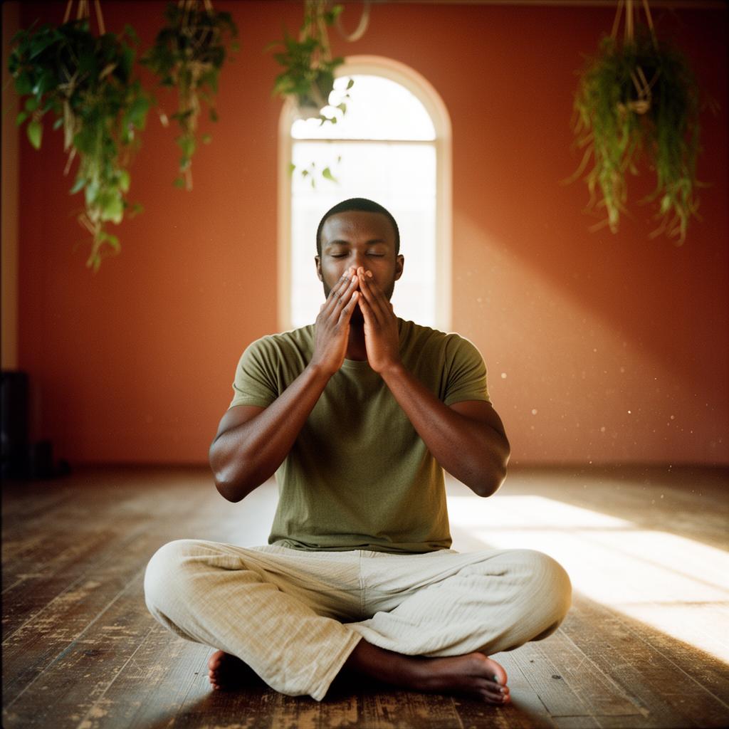 A man sitting cross-legged on a wooden floor, hands cupped over his nose during a gentle breath-hold